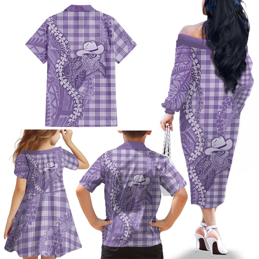 Purple Hawaii Palaka Cowboy Turtle Family Matching Off The Shoulder Long Sleeve Dress and Hawaiian Shirt Hawaiian Paniolo Puakenikeni Maile Lei DT05 - Polynesian Pride