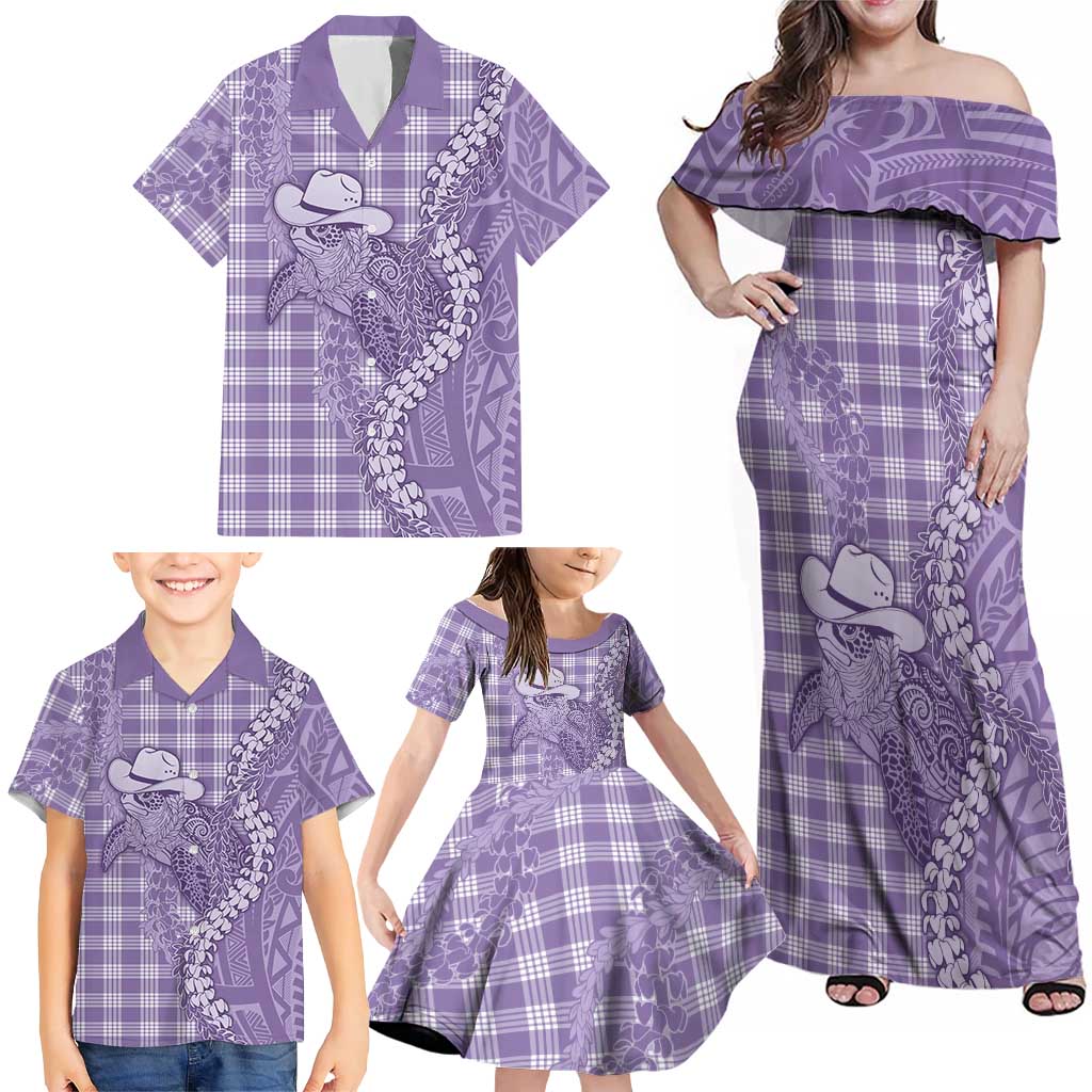 Purple Hawaii Palaka Cowboy Turtle Family Matching Off Shoulder Maxi Dress and Hawaiian Shirt Hawaiian Paniolo Puakenikeni Maile Lei DT05 - Polynesian Pride