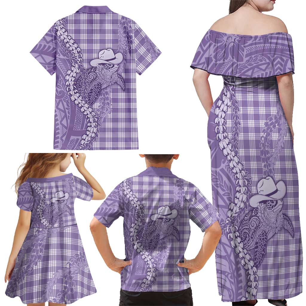 Purple Hawaii Palaka Cowboy Turtle Family Matching Off Shoulder Maxi Dress and Hawaiian Shirt Hawaiian Paniolo Puakenikeni Maile Lei DT05 - Polynesian Pride