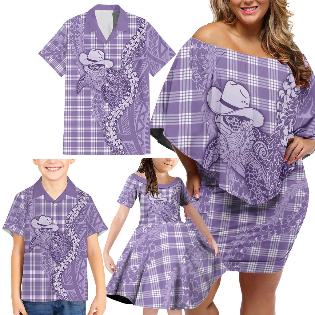 Purple Hawaii Palaka Cowboy Turtle Family Matching Off Shoulder Short Dress and Hawaiian Shirt Hawaiian Paniolo Puakenikeni Maile Lei - Polynesian Pride