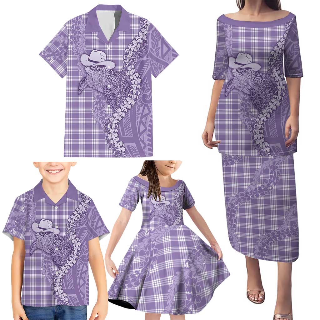 Purple Hawaii Palaka Cowboy Turtle Family Matching Puletasi and Hawaiian Shirt Hawaiian Paniolo Puakenikeni Maile Lei DT05 - Polynesian Pride