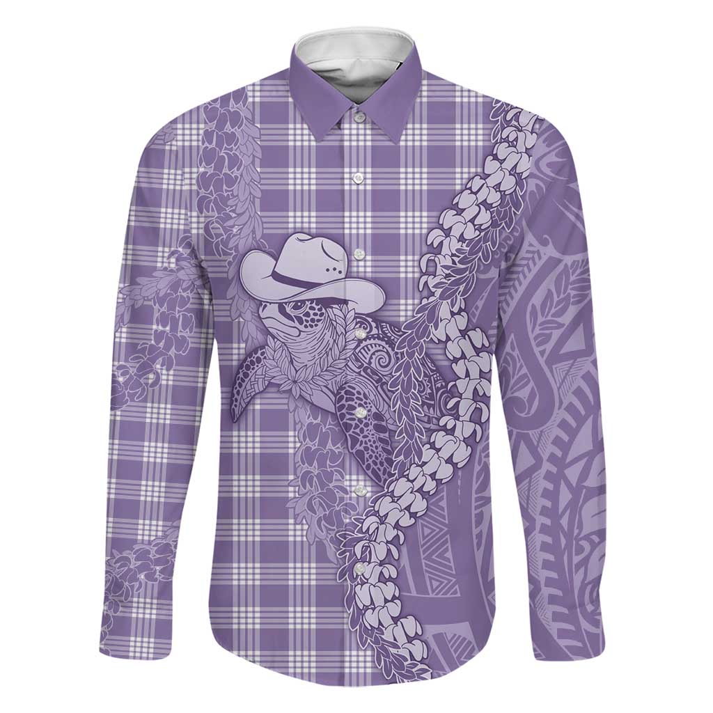 Purple Hawaii Palaka Cowboy Turtle Family Matching Puletasi and Hawaiian Shirt Hawaiian Paniolo Puakenikeni Maile Lei DT05 Dad's Shirt - Long Sleeve Purple - Polynesian Pride