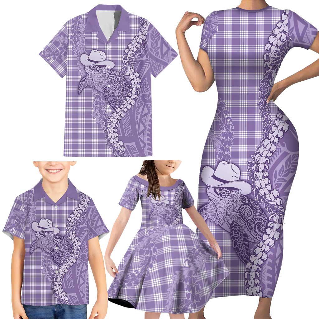 Purple Hawaii Palaka Cowboy Turtle Family Matching Short Sleeve Bodycon Dress and Hawaiian Shirt Hawaiian Paniolo Puakenikeni Maile Lei - Polynesian Pride