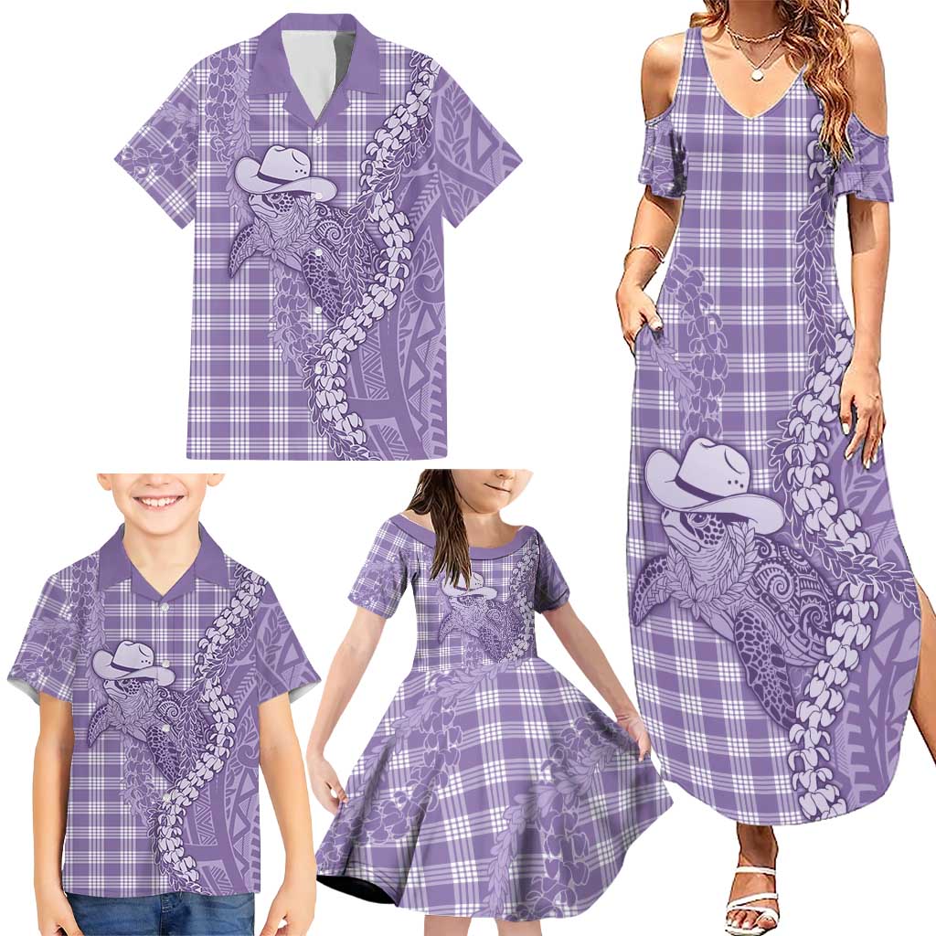 Purple Hawaii Palaka Cowboy Turtle Family Matching Summer Maxi Dress and Hawaiian Shirt Hawaiian Paniolo Puakenikeni Maile Lei DT05 - Polynesian Pride