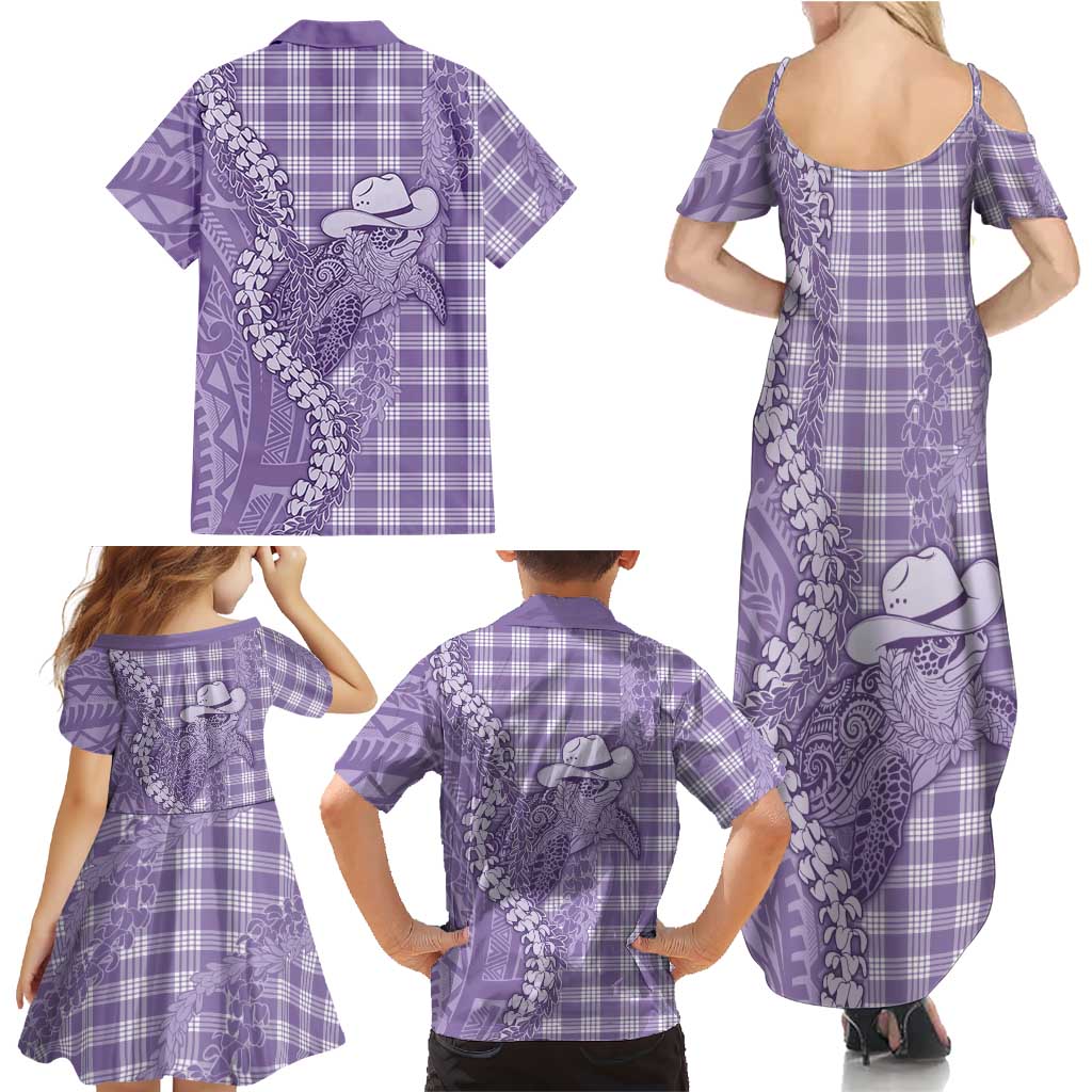 Purple Hawaii Palaka Cowboy Turtle Family Matching Summer Maxi Dress and Hawaiian Shirt Hawaiian Paniolo Puakenikeni Maile Lei DT05 - Polynesian Pride