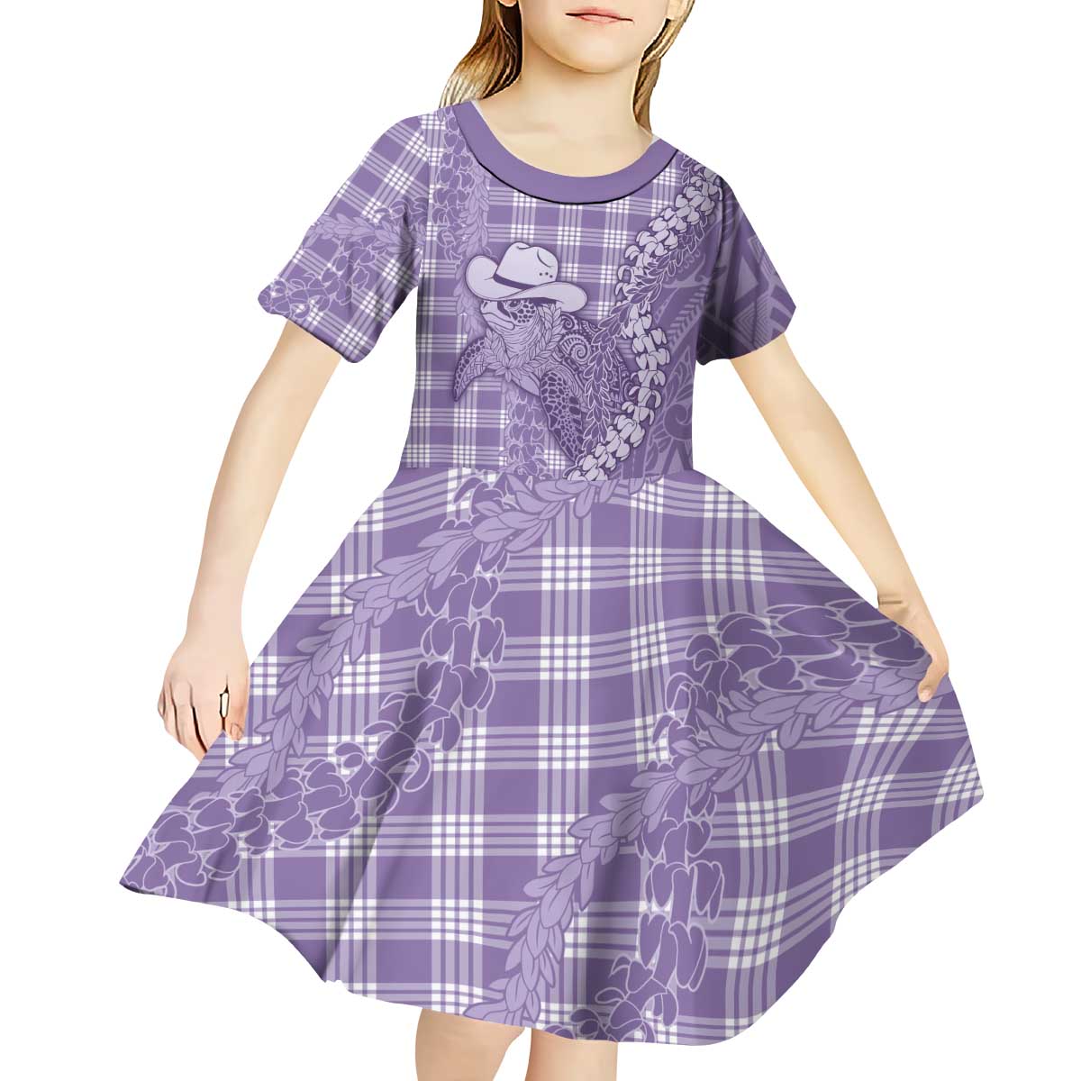 Purple Hawaii Palaka Cowboy Turtle Kid Short Sleeve Dress Hawaiian Paniolo Puakenikeni Maile Lei DT05 - Polynesian Pride