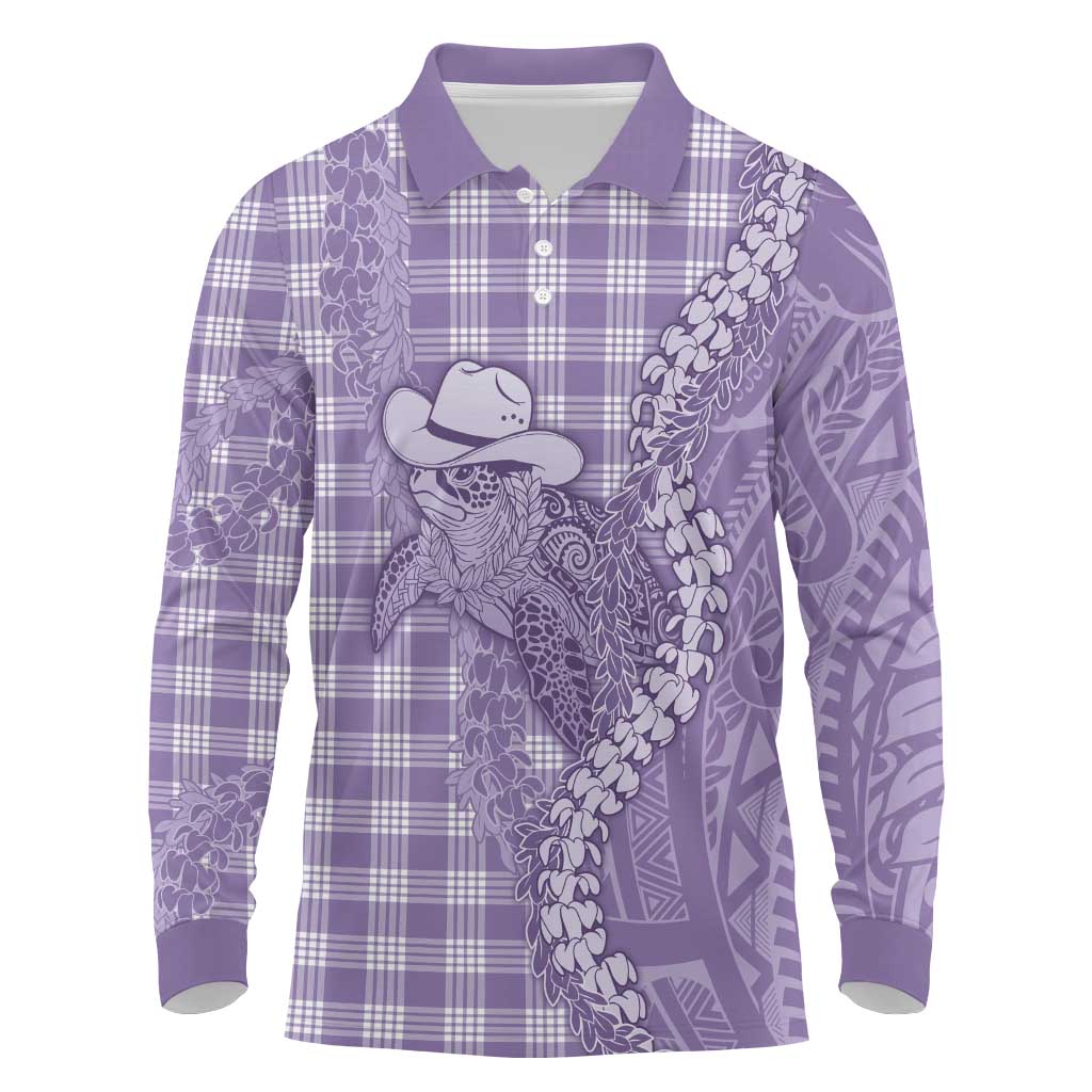 Purple Hawaii Palaka Cowboy Turtle Long Sleeve Polo Shirt Hawaiian Paniolo Puakenikeni Maile Lei - Polynesian Pride