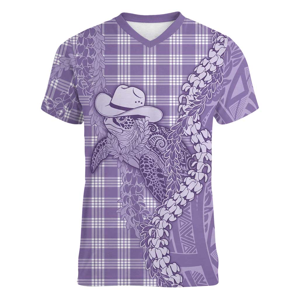 Purple Hawaii Palaka Cowboy Turtle Women V-Neck T-Shirt Hawaiian Paniolo Puakenikeni Maile Lei DT05 Female Purple - Polynesian Pride