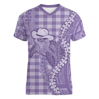 Purple Hawaii Palaka Cowboy Turtle Women V-Neck T-Shirt Hawaiian Paniolo Puakenikeni Maile Lei DT05 Female Purple - Polynesian Pride