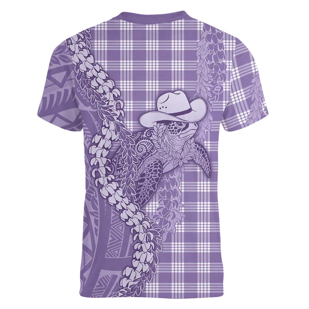 Purple Hawaii Palaka Cowboy Turtle Women V-Neck T-Shirt Hawaiian Paniolo Puakenikeni Maile Lei DT05 - Polynesian Pride