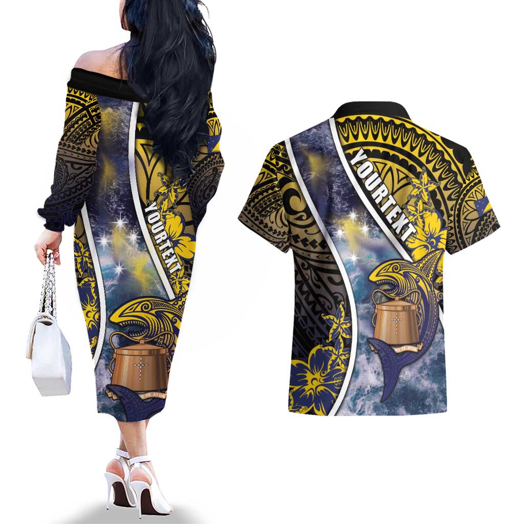 Personalised Tokelau Couples Matching Off The Shoulder Long Sleeve Dress and Hawaiian Shirt National Badge Waves Style