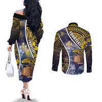 Personalised Tokelau Couples Matching Off The Shoulder Long Sleeve Dress and Long Sleeve Button Shirt National Badge Waves Style