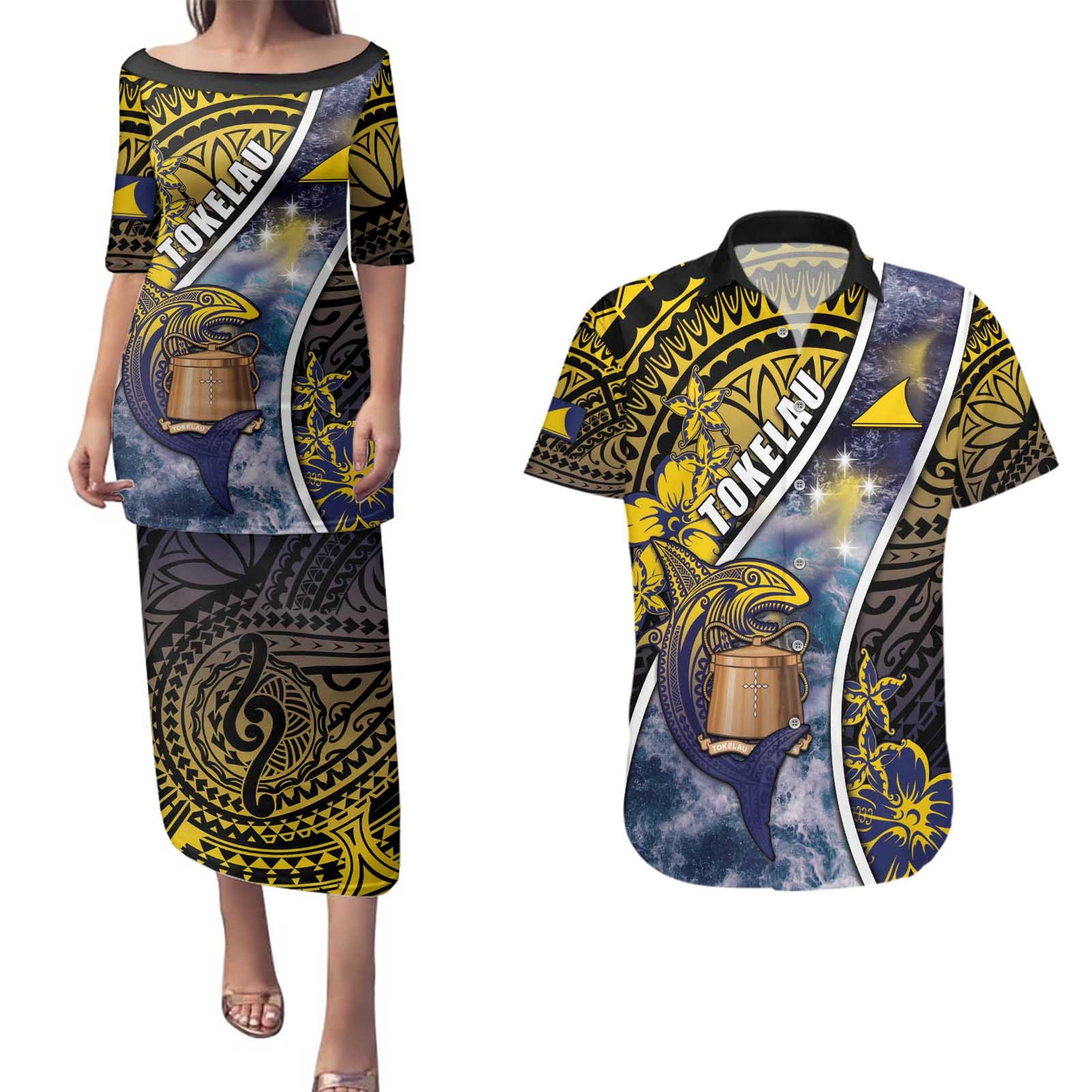 Personalised Tokelau Couples Matching Puletasi and Hawaiian Shirt National Badge Waves Style