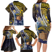 Personalised Tokelau Family Matching Long Sleeve Bodycon Dress and Hawaiian Shirt National Badge Waves Style DT05 - Polynesian Pride