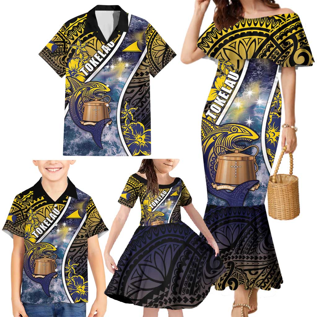 Personalised Tokelau Family Matching Mermaid Dress and Hawaiian Shirt National Badge Waves Style DT05 - Polynesian Pride