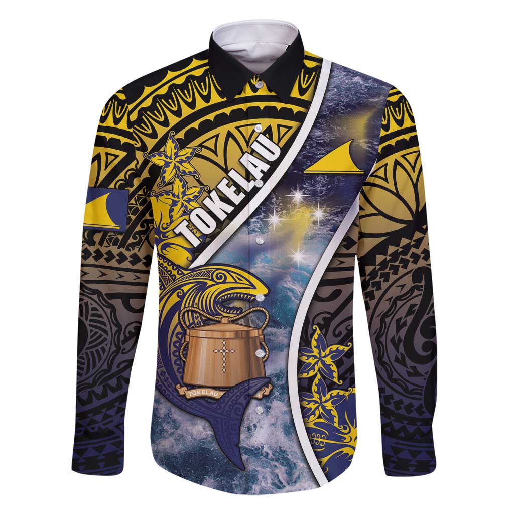 Personalised Tokelau Family Matching Mermaid Dress and Hawaiian Shirt National Badge Waves Style DT05 Dad's Shirt - Long Sleeve Yellow - Polynesian Pride