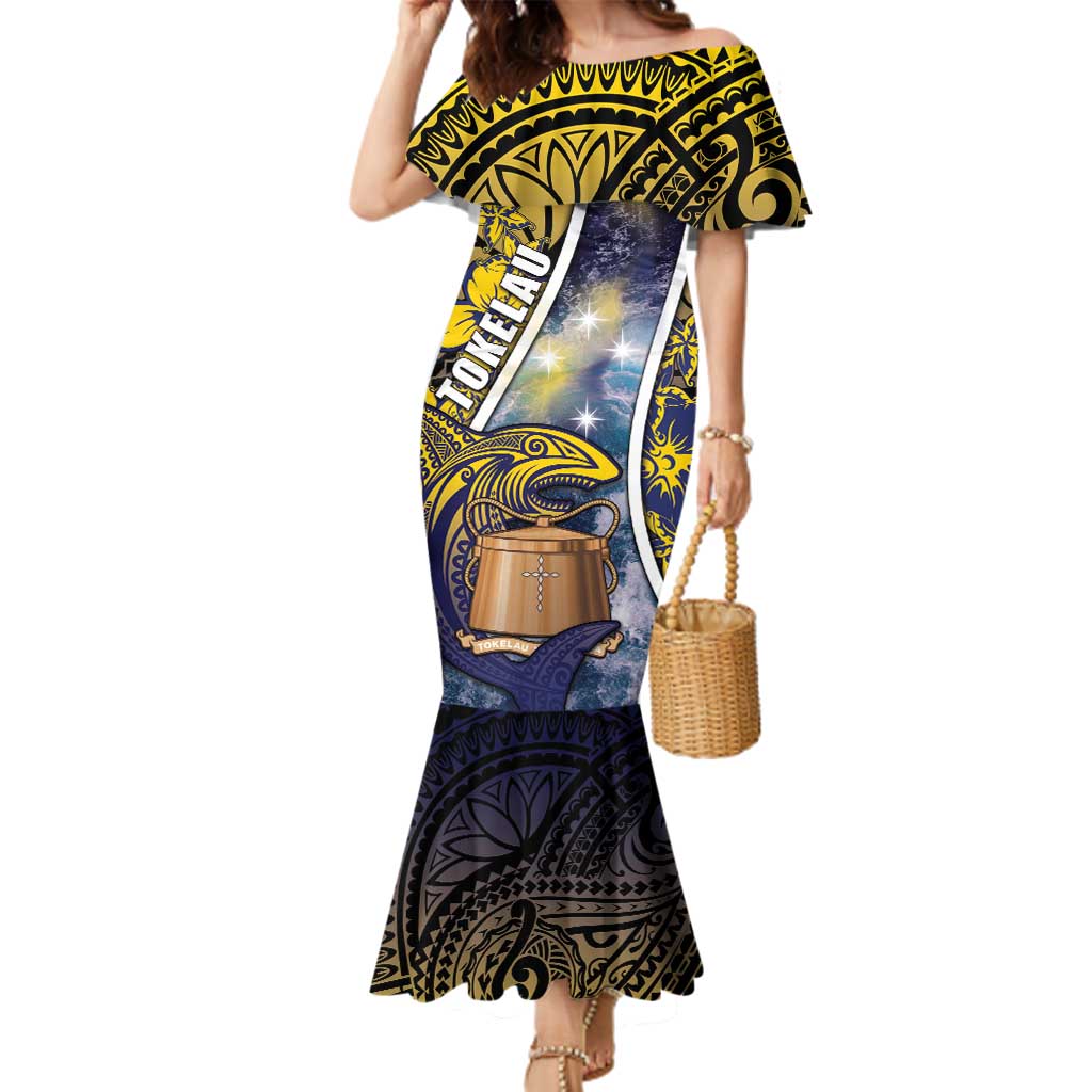Personalised Tokelau Family Matching Mermaid Dress and Hawaiian Shirt National Badge Waves Style DT05 Mom's Dress Yellow - Polynesian Pride