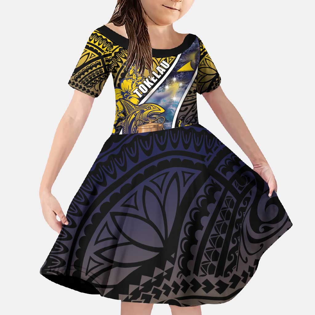 Personalised Tokelau Family Matching Off Shoulder Maxi Dress and Hawaiian Shirt National Badge Waves Style DT05 Daughter's Dress Yellow - Polynesian Pride