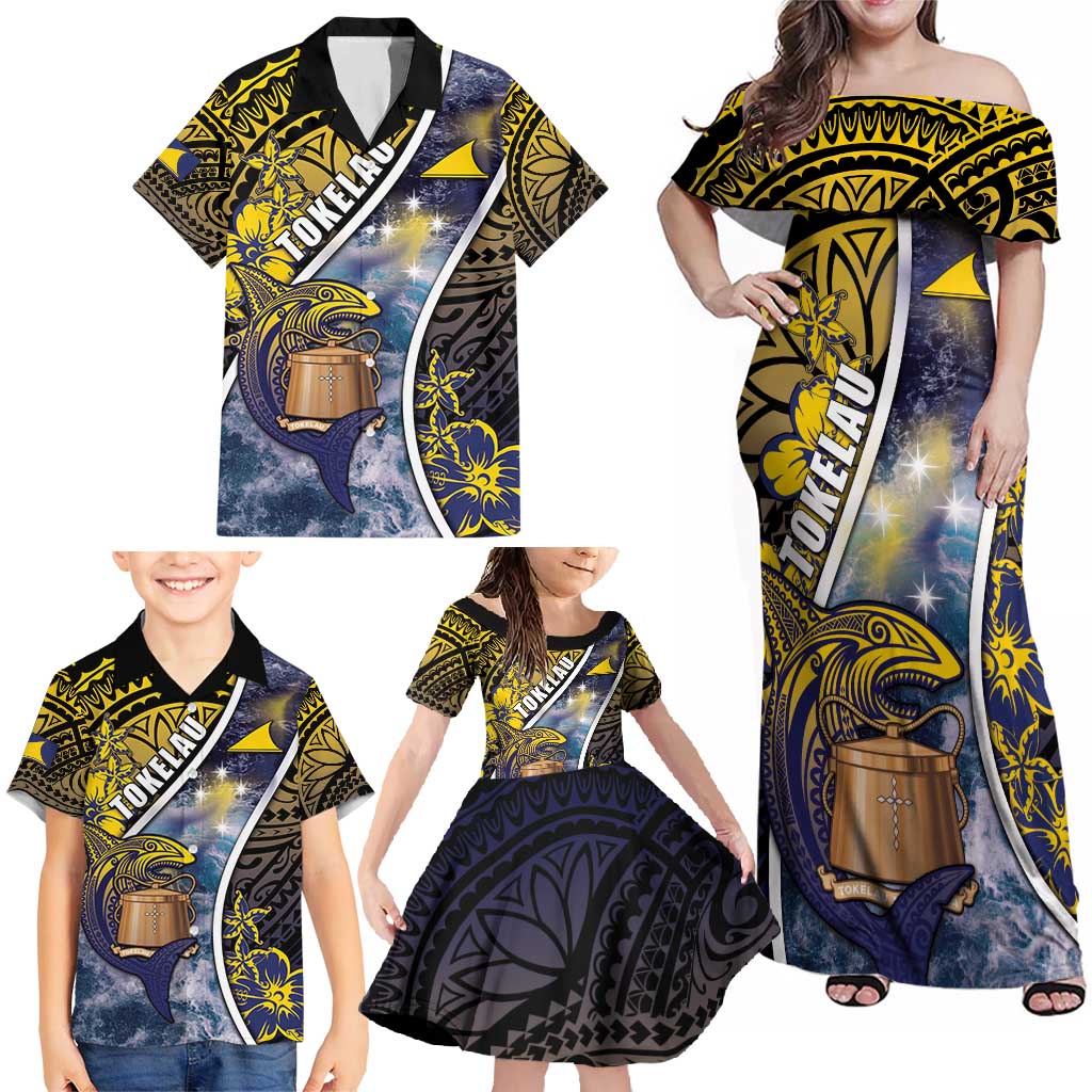 Personalised Tokelau Family Matching Off Shoulder Maxi Dress and Hawaiian Shirt National Badge Waves Style DT05 - Polynesian Pride