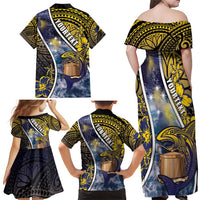 Personalised Tokelau Family Matching Off Shoulder Maxi Dress and Hawaiian Shirt National Badge Waves Style DT05 - Polynesian Pride