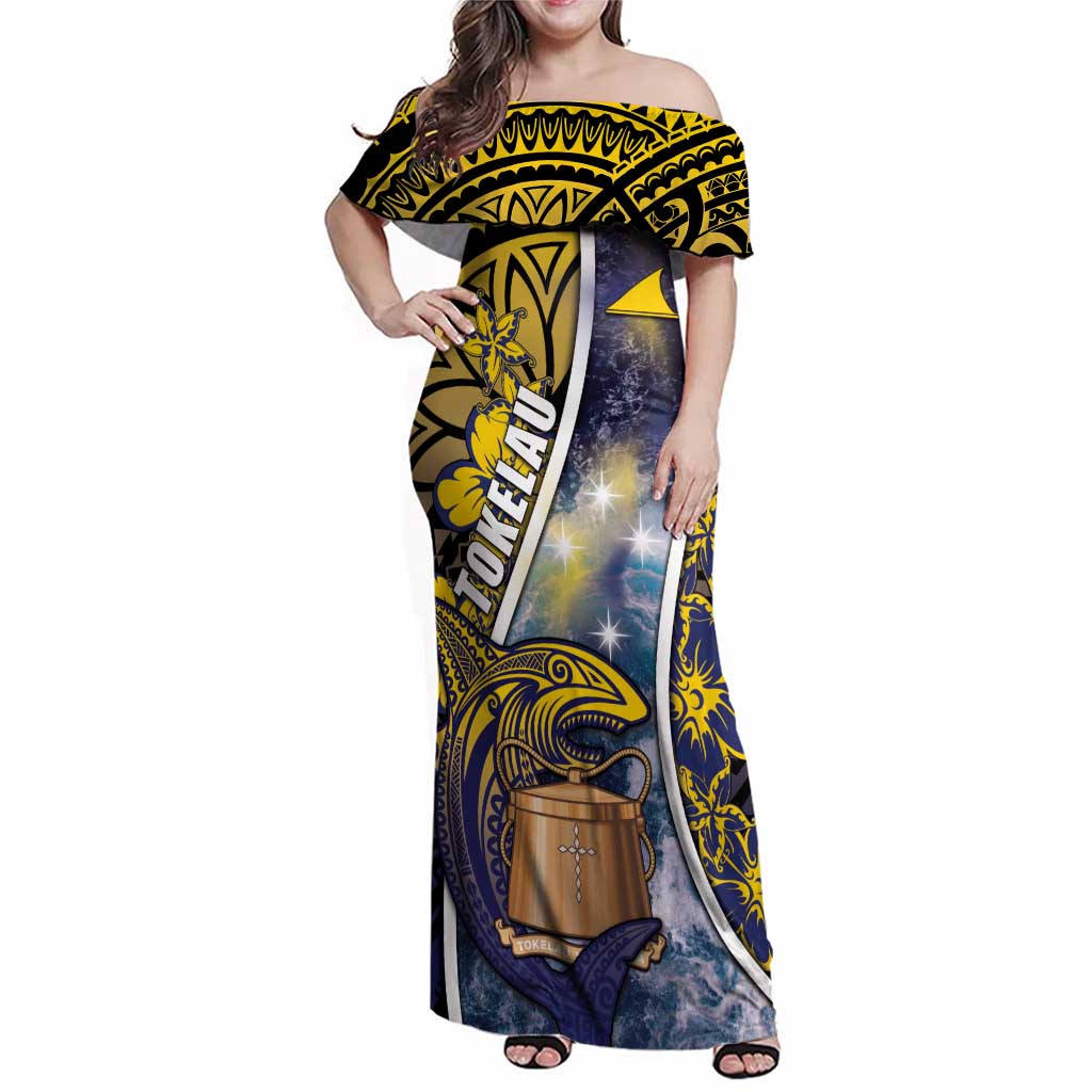 Personalised Tokelau Family Matching Off Shoulder Maxi Dress and Hawaiian Shirt National Badge Waves Style DT05 Mom's Dress Yellow - Polynesian Pride