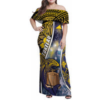 Personalised Tokelau Family Matching Off Shoulder Maxi Dress and Hawaiian Shirt National Badge Waves Style DT05 Mom's Dress Yellow - Polynesian Pride