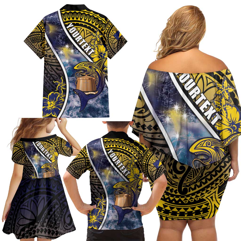 Personalised Tokelau Family Matching Off Shoulder Short Dress and Hawaiian Shirt National Badge Waves Style DT05 - Polynesian Pride