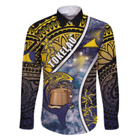 Personalised Tokelau Family Matching Off Shoulder Short Dress and Hawaiian Shirt National Badge Waves Style DT05 Dad's Shirt - Long Sleeve Yellow - Polynesian Pride