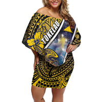 Personalised Tokelau Family Matching Off Shoulder Short Dress and Hawaiian Shirt National Badge Waves Style DT05 Mom's Dress Yellow - Polynesian Pride