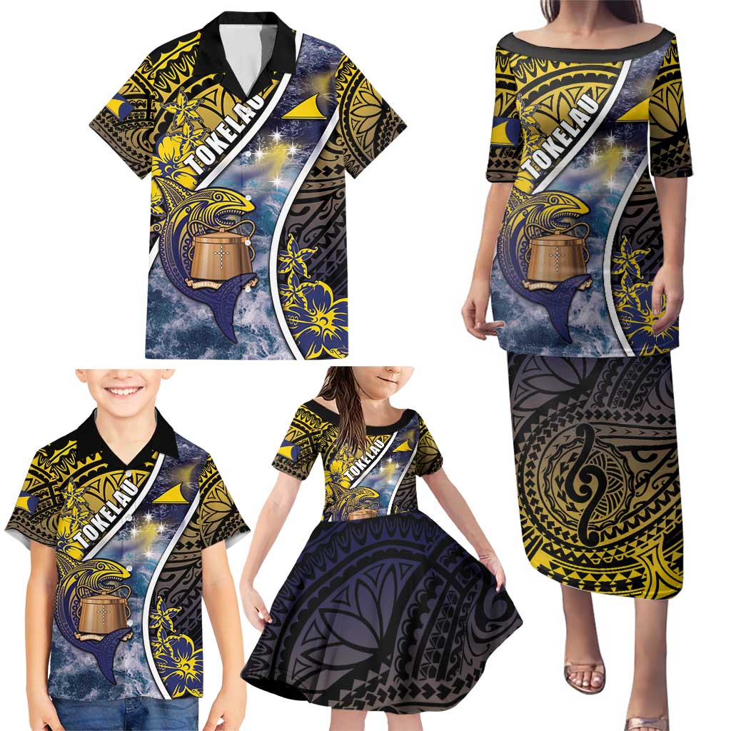 Personalised Tokelau Family Matching Puletasi and Hawaiian Shirt National Badge Waves Style