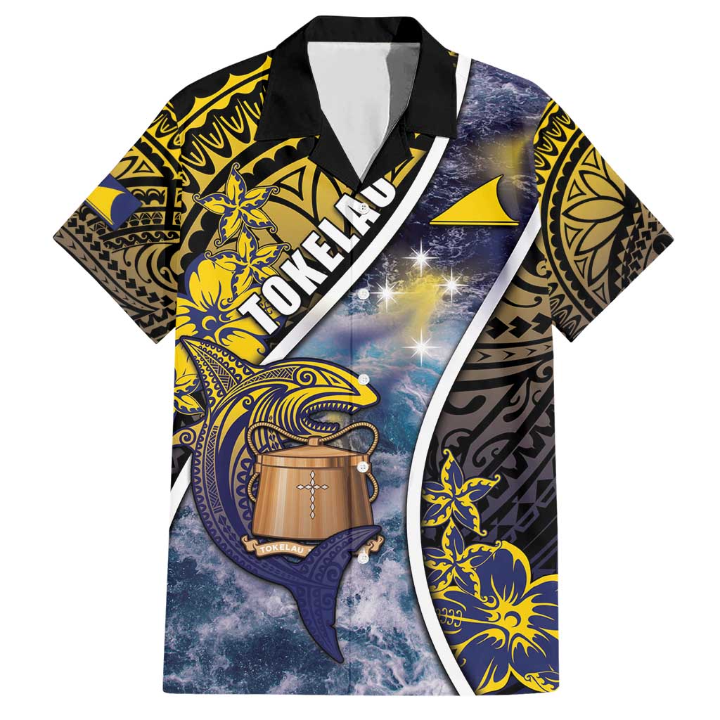 Personalised Tokelau Family Matching Short Sleeve Bodycon Dress and Hawaiian Shirt National Badge Waves Style DT05 Dad's Shirt - Short Sleeve Yellow - Polynesian Pride