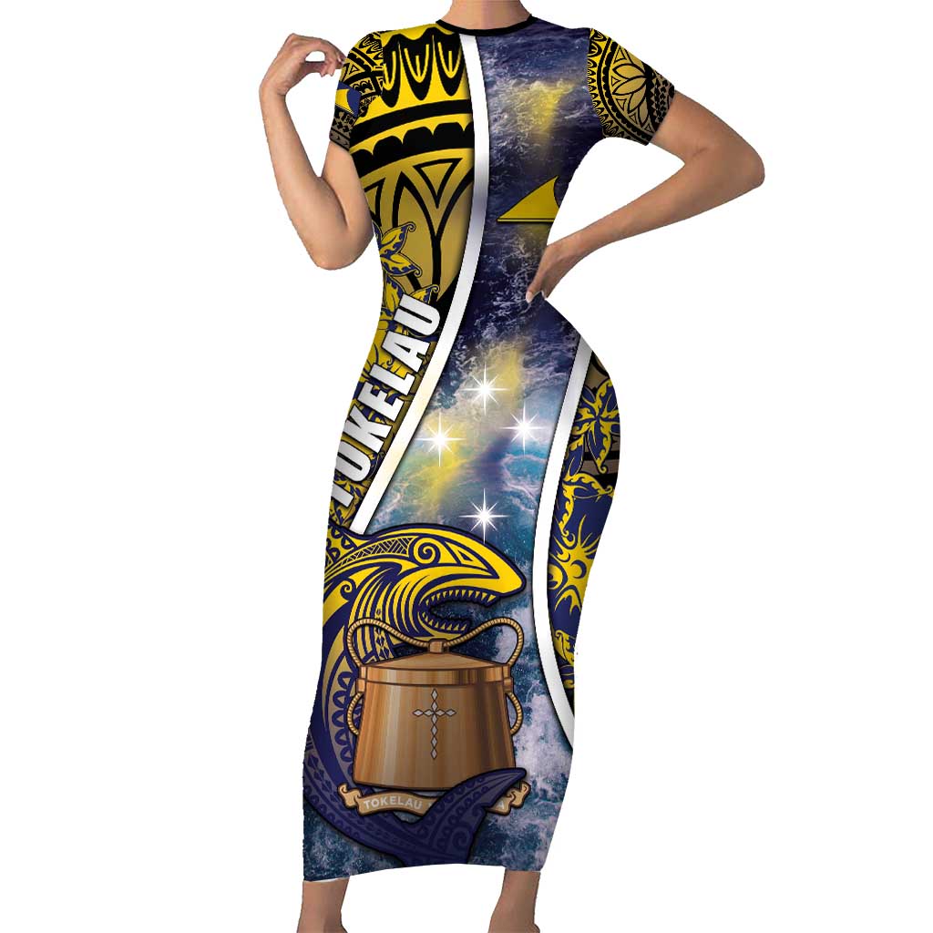 Personalised Tokelau Family Matching Short Sleeve Bodycon Dress and Hawaiian Shirt National Badge Waves Style DT05 Mom's Dress Yellow - Polynesian Pride