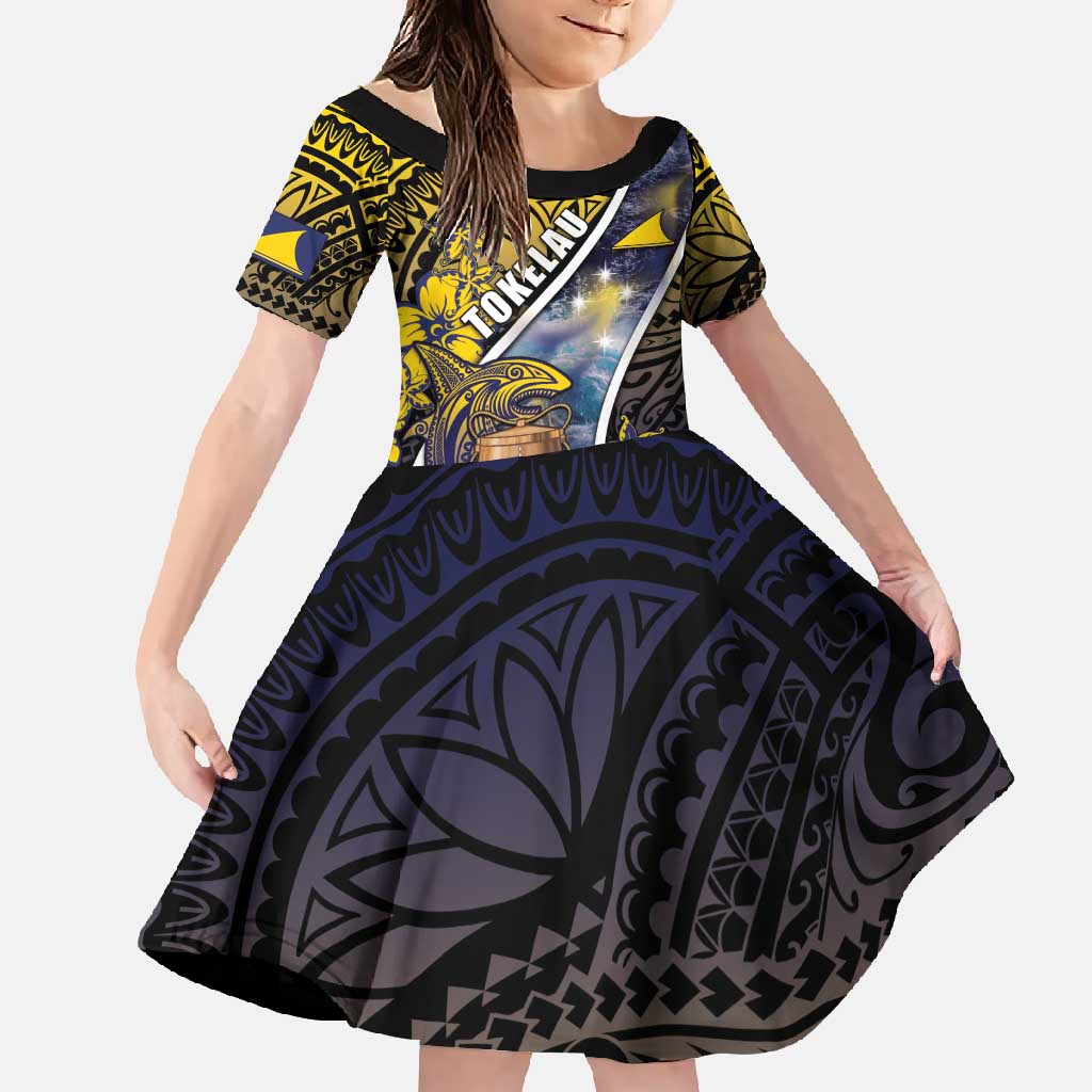 Personalised Tokelau Family Matching Summer Maxi Dress and Hawaiian Shirt National Badge Waves Style DT05 Daughter's Dress Yellow - Polynesian Pride