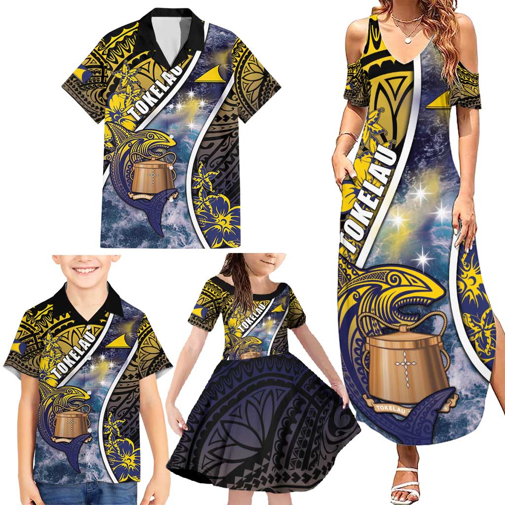 Personalised Tokelau Family Matching Summer Maxi Dress and Hawaiian Shirt National Badge Waves Style DT05 - Polynesian Pride
