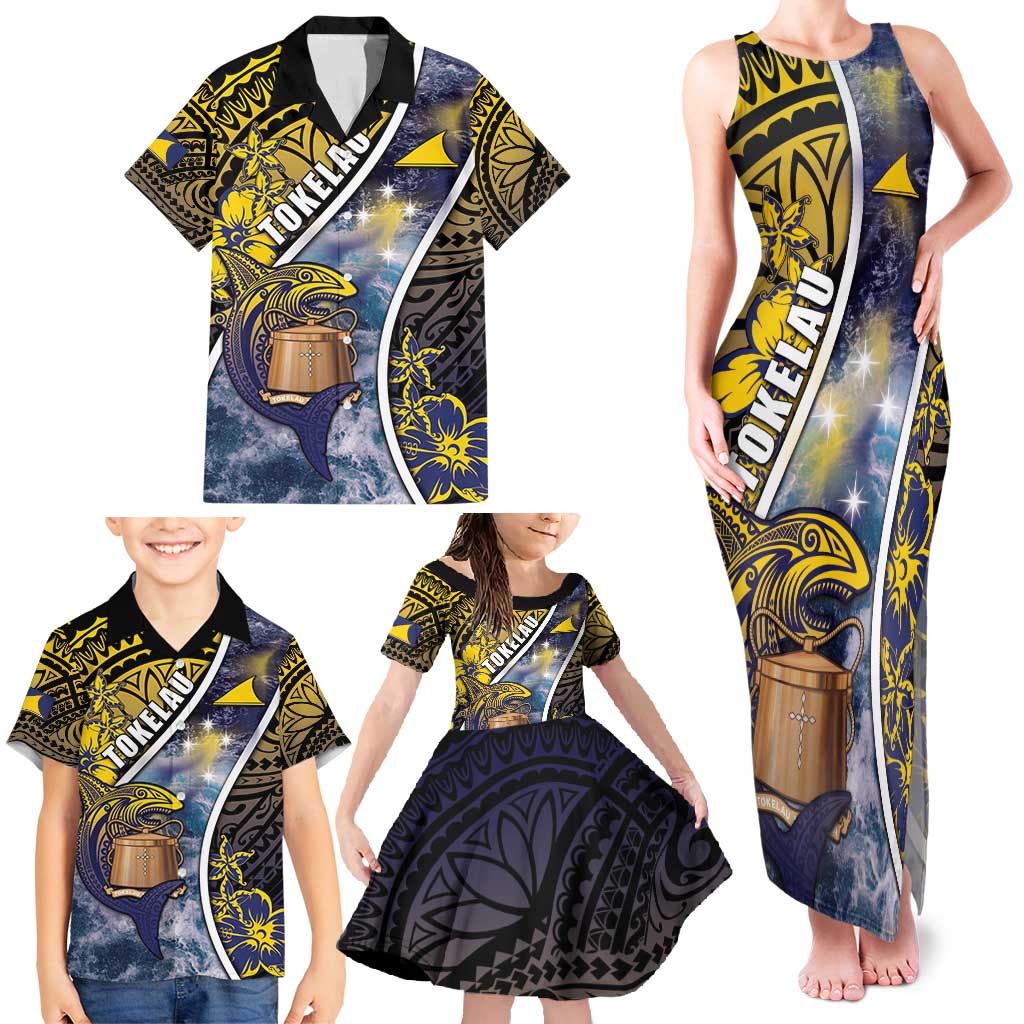 Personalised Tokelau Family Matching Tank Maxi Dress and Hawaiian Shirt National Badge Waves Style DT05 - Polynesian Pride
