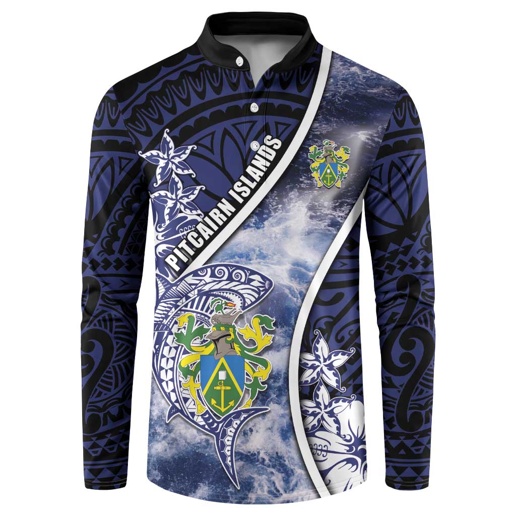 Personalised Pitcairn Islands Button Sweatshirt Coat Of Arms Waves Style DT05 Navy - Polynesian Pride