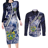 Personalised Pitcairn Islands Couples Matching Long Sleeve Bodycon Dress and Long Sleeve Button Shirt Coat Of Arms Waves Style