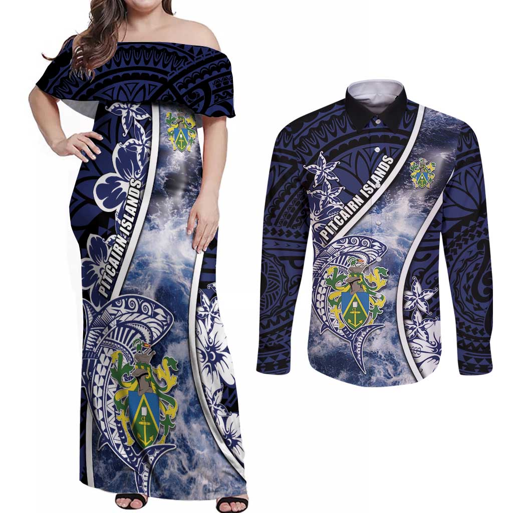 Personalised Pitcairn Islands Couples Matching Off Shoulder Maxi Dress and Long Sleeve Button Shirt Coat Of Arms Waves Style DT05 Navy - Polynesian Pride