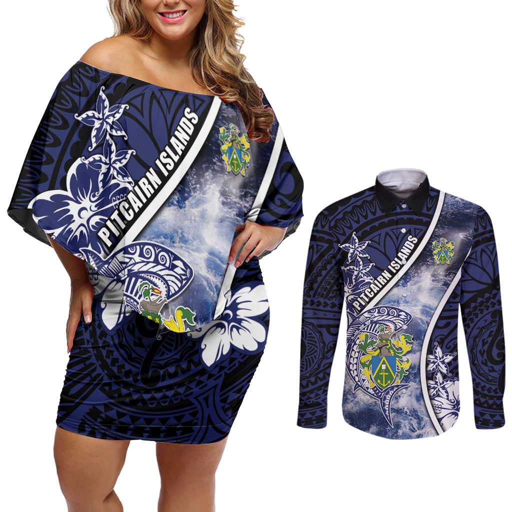 Personalised Pitcairn Islands Couples Matching Off Shoulder Short Dress and Long Sleeve Button Shirt Coat Of Arms Waves Style DT05 Navy - Polynesian Pride
