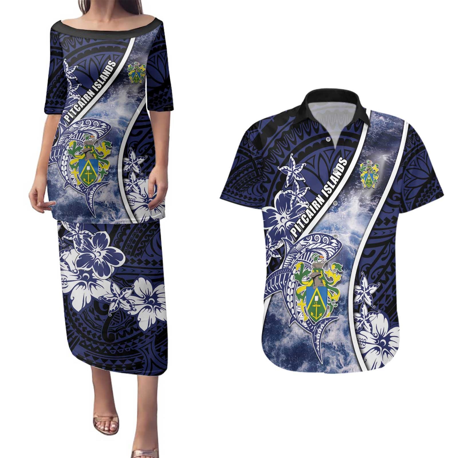 Personalised Pitcairn Islands Couples Matching Puletasi and Hawaiian Shirt Coat Of Arms Waves Style DT05 Navy - Polynesian Pride