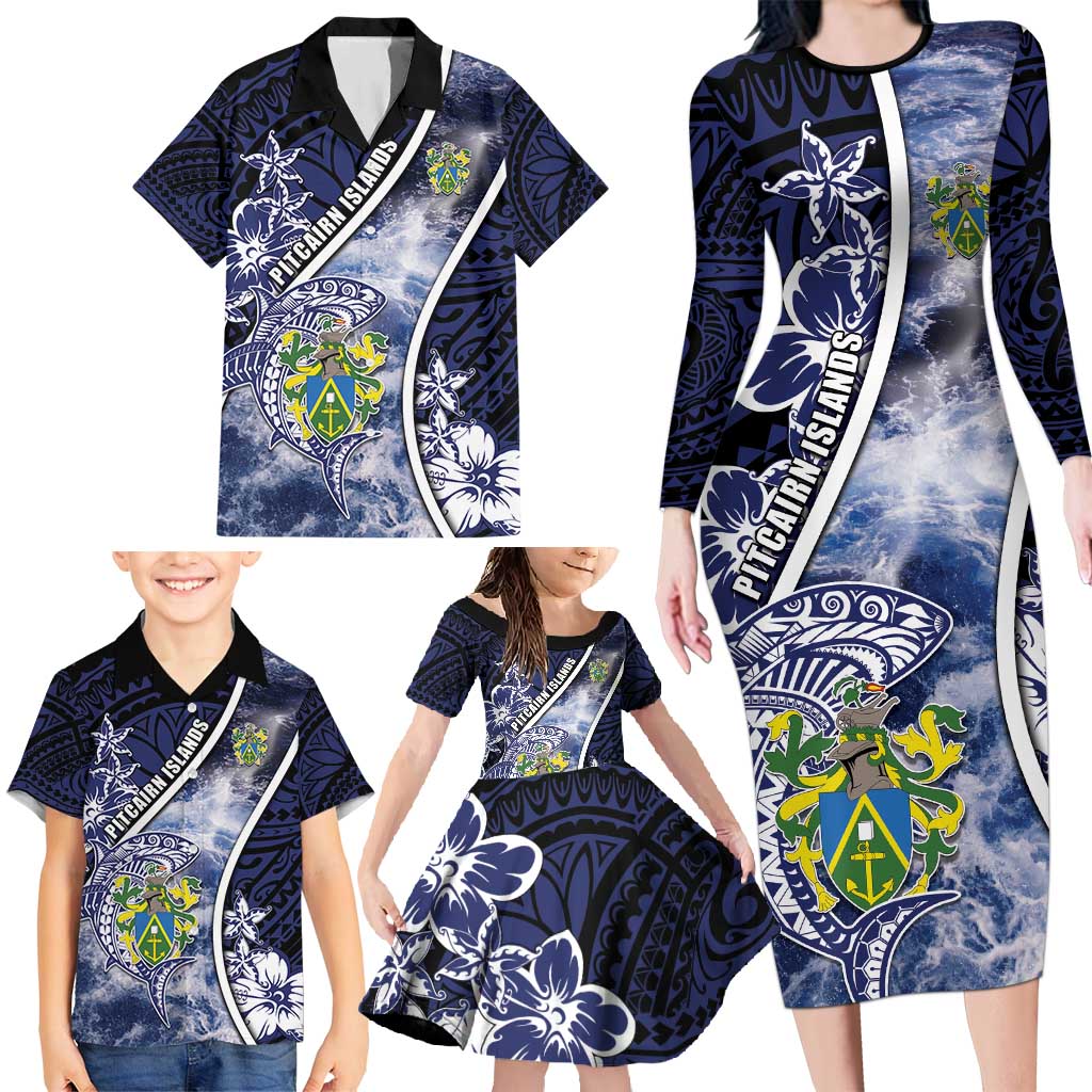 Personalised Pitcairn Islands Family Matching Long Sleeve Bodycon Dress and Hawaiian Shirt Coat Of Arms Waves Style DT05 - Polynesian Pride