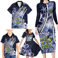 Personalised Pitcairn Islands Family Matching Long Sleeve Bodycon Dress and Hawaiian Shirt Coat Of Arms Waves Style DT05 - Polynesian Pride