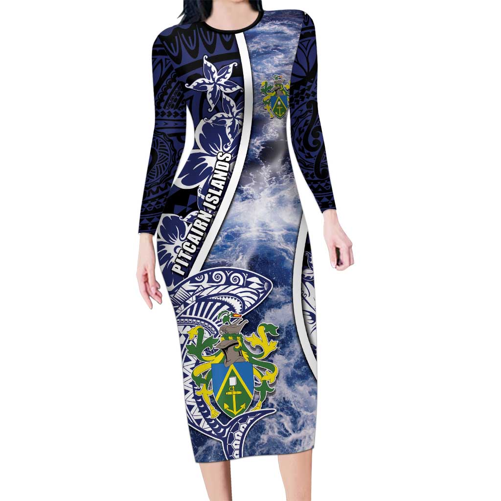 Personalised Pitcairn Islands Family Matching Long Sleeve Bodycon Dress and Hawaiian Shirt Coat Of Arms Waves Style DT05 Mom's Dress Navy - Polynesian Pride