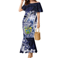 Personalised Pitcairn Islands Family Matching Mermaid Dress and Hawaiian Shirt Coat Of Arms Waves Style DT05 Mom's Dress Navy - Polynesian Pride