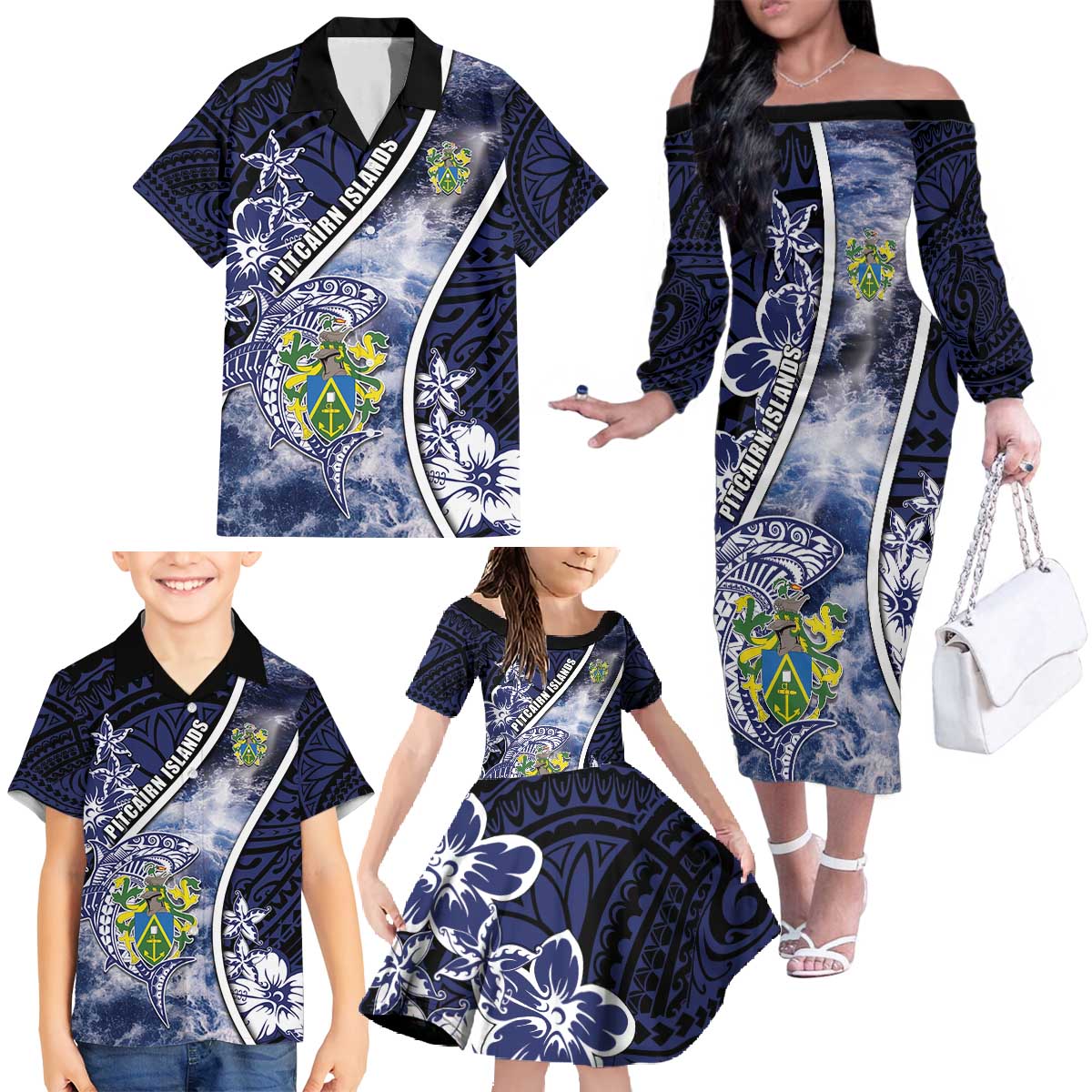 Personalised Pitcairn Islands Family Matching Off The Shoulder Long Sleeve Dress and Hawaiian Shirt Coat Of Arms Waves Style