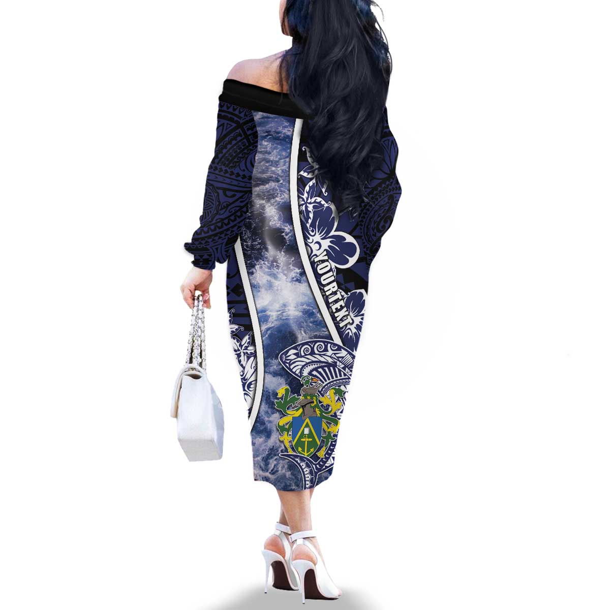 Personalised Pitcairn Islands Family Matching Off The Shoulder Long Sleeve Dress and Hawaiian Shirt Coat Of Arms Waves Style