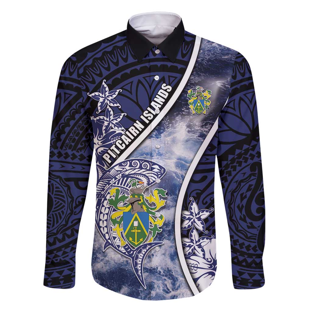 Personalised Pitcairn Islands Family Matching Off Shoulder Maxi Dress and Hawaiian Shirt Coat Of Arms Waves Style DT05 Dad's Shirt - Long Sleeve Navy - Polynesian Pride