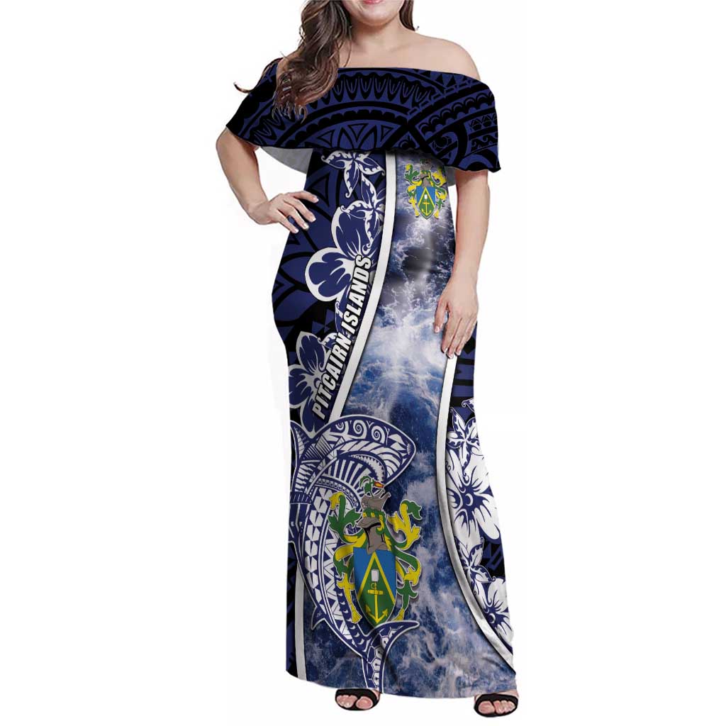 Personalised Pitcairn Islands Family Matching Off Shoulder Maxi Dress and Hawaiian Shirt Coat Of Arms Waves Style DT05 Mom's Dress Navy - Polynesian Pride