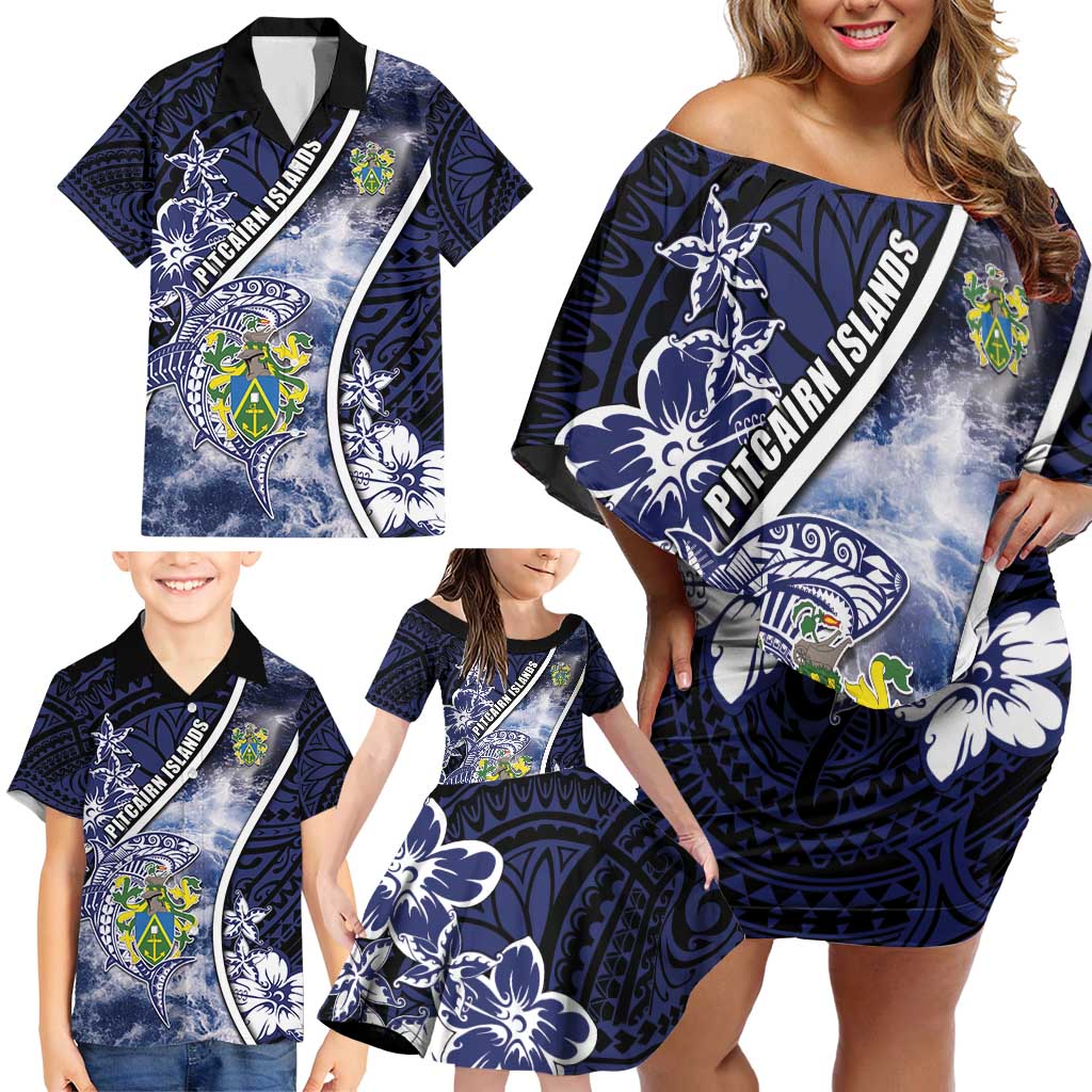 Personalised Pitcairn Islands Family Matching Off Shoulder Short Dress and Hawaiian Shirt Coat Of Arms Waves Style DT05 - Polynesian Pride