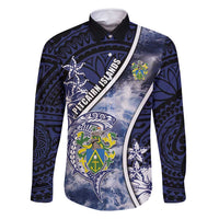 Personalised Pitcairn Islands Family Matching Off Shoulder Short Dress and Hawaiian Shirt Coat Of Arms Waves Style DT05 Dad's Shirt - Long Sleeve Navy - Polynesian Pride